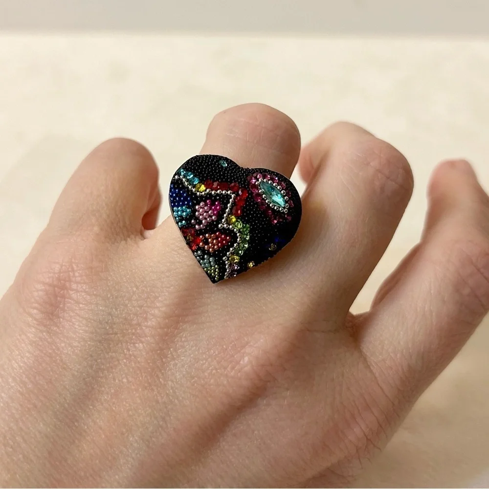 Solid Sterling Silver Micro Mosaic Heart Shaped Ring Size 7 - Picture 7 of 11